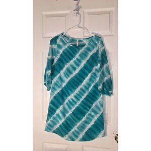 Renee C. Teal White Tie Dye Shift Dress 3/4 Sleeve Scoop Neck Medium 11296TP
